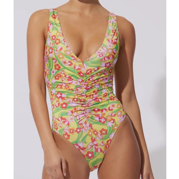 Solid and Striped Ruched Floral One Piece - Picture 1 of 6